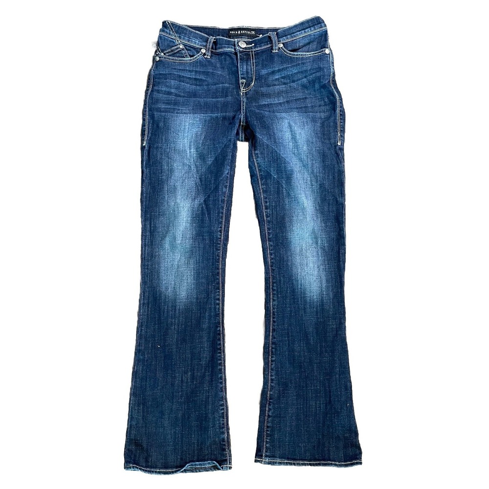 Rock & Republic Kasandra Jeans Blue Denim Low Rise Bootcut Flap Sparkle 12 Y2K